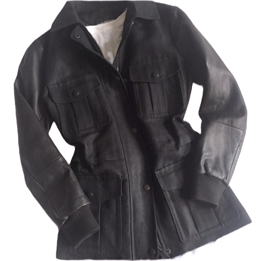 Club Monaco Lamb Leather Canvas Cargo Utility Military Bomber Jacket Black